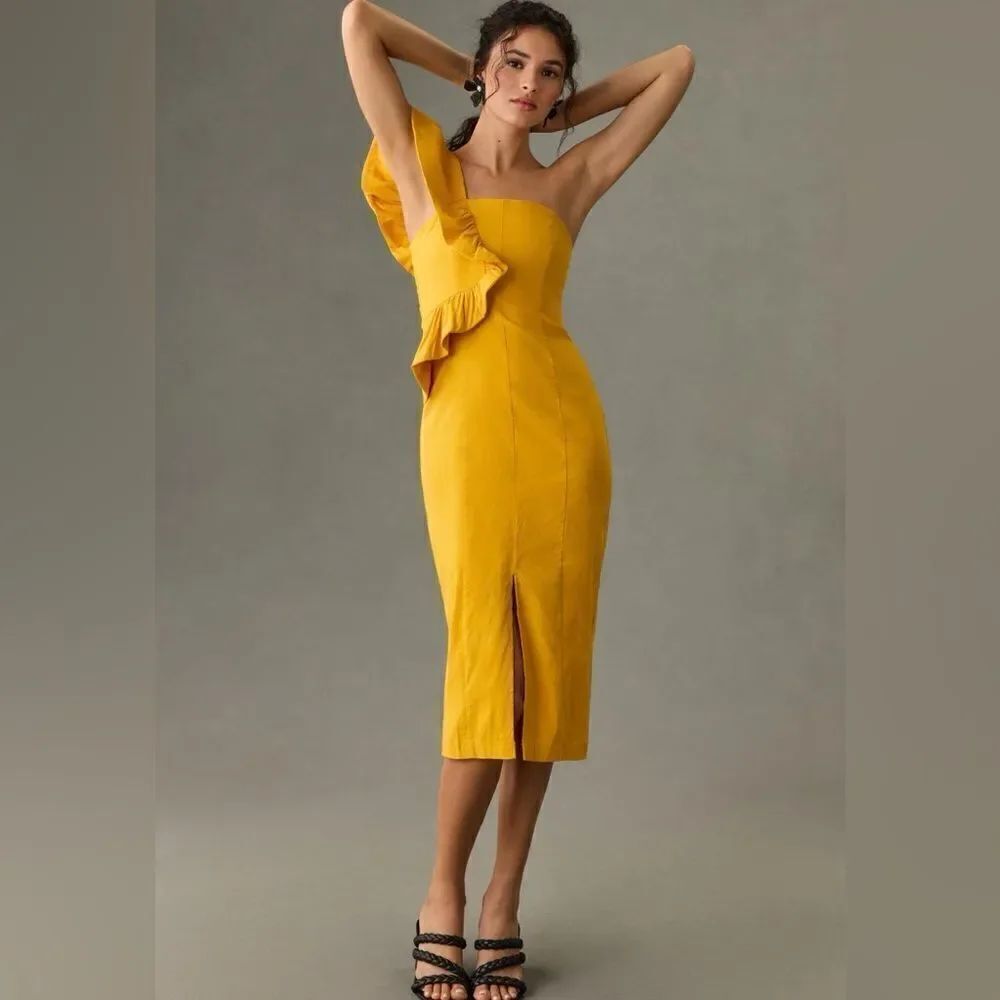 Anthropologie Ruffle Shoulder Slim Midi Dress NWT